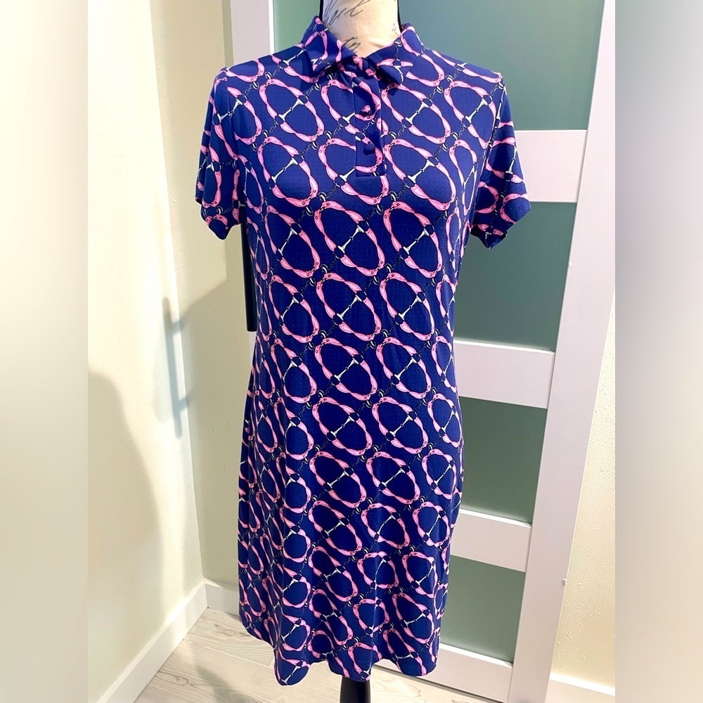 IBKUL Short Sleeve Promenade Polo Dress Blue & Pink SZ Small EUC